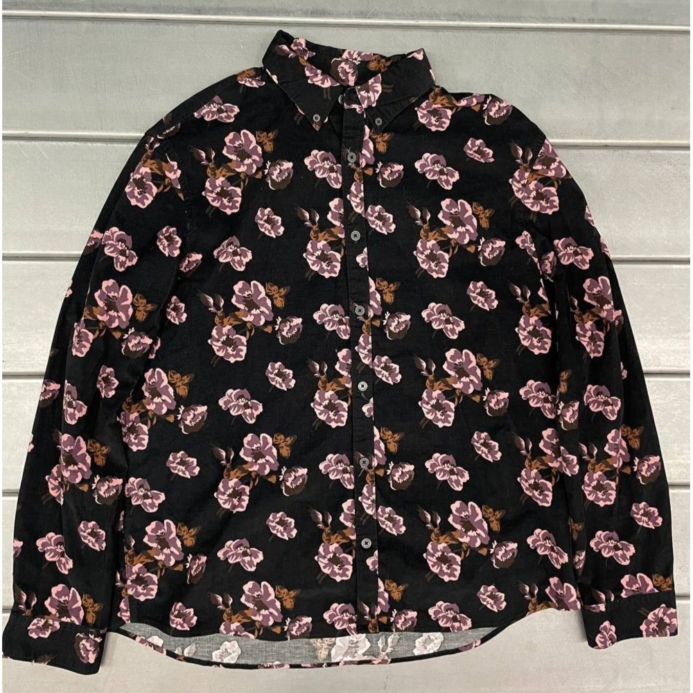 Express Corduroy Button Down Shirt Mens XL Black Floral Long Sleeve Stretch - Picture 1 of 10
